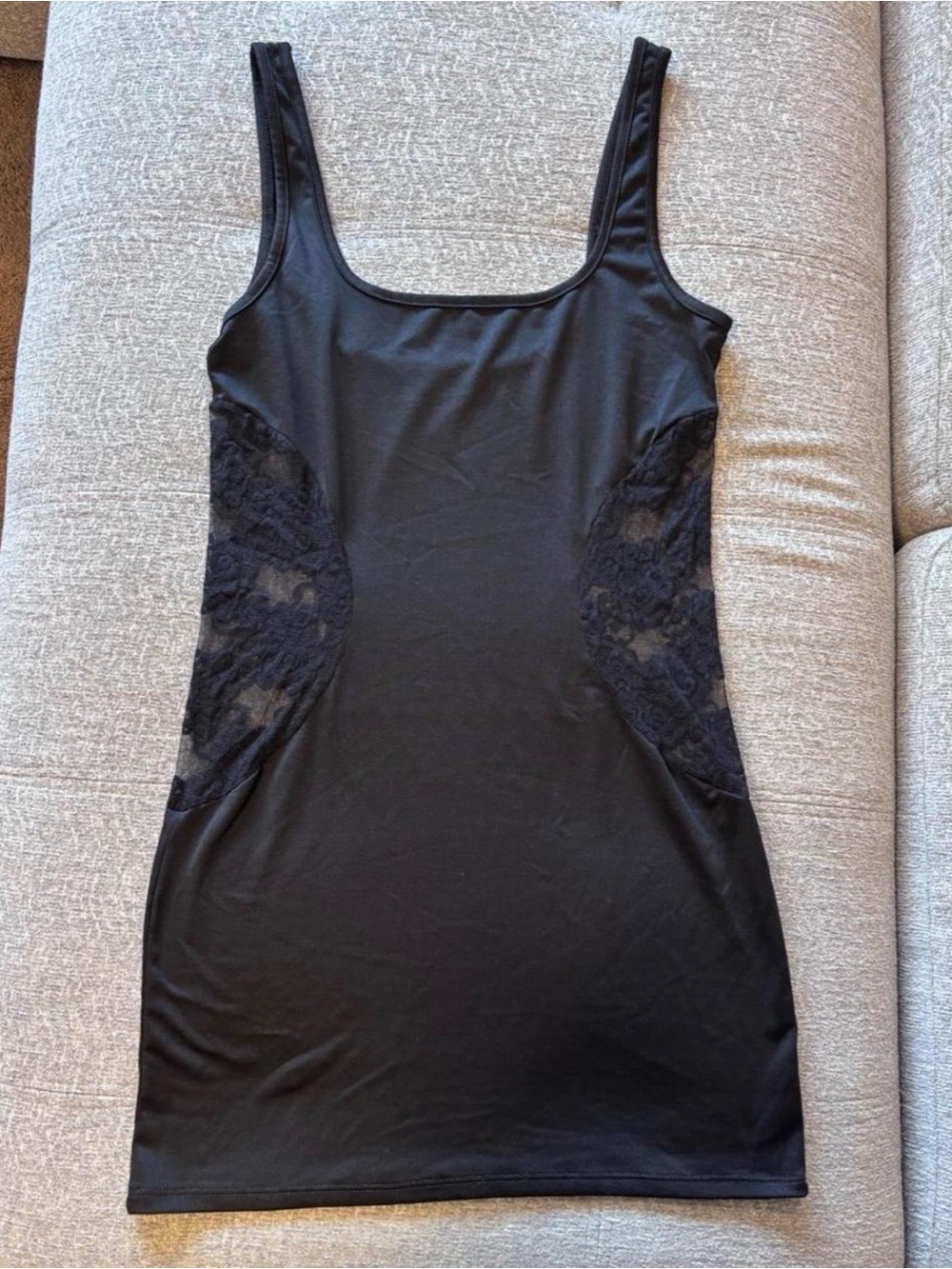 Black Lace-Panel Mini Slip Dress/Tunic Bodycon